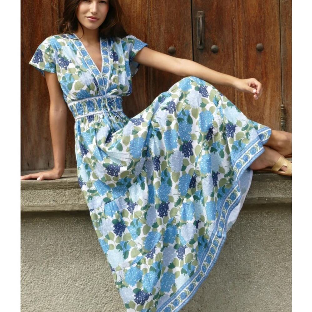 Bindu Aria Maxi Dress XS Blue Floral Cotton Resort Pockets - Picture 2 of 12